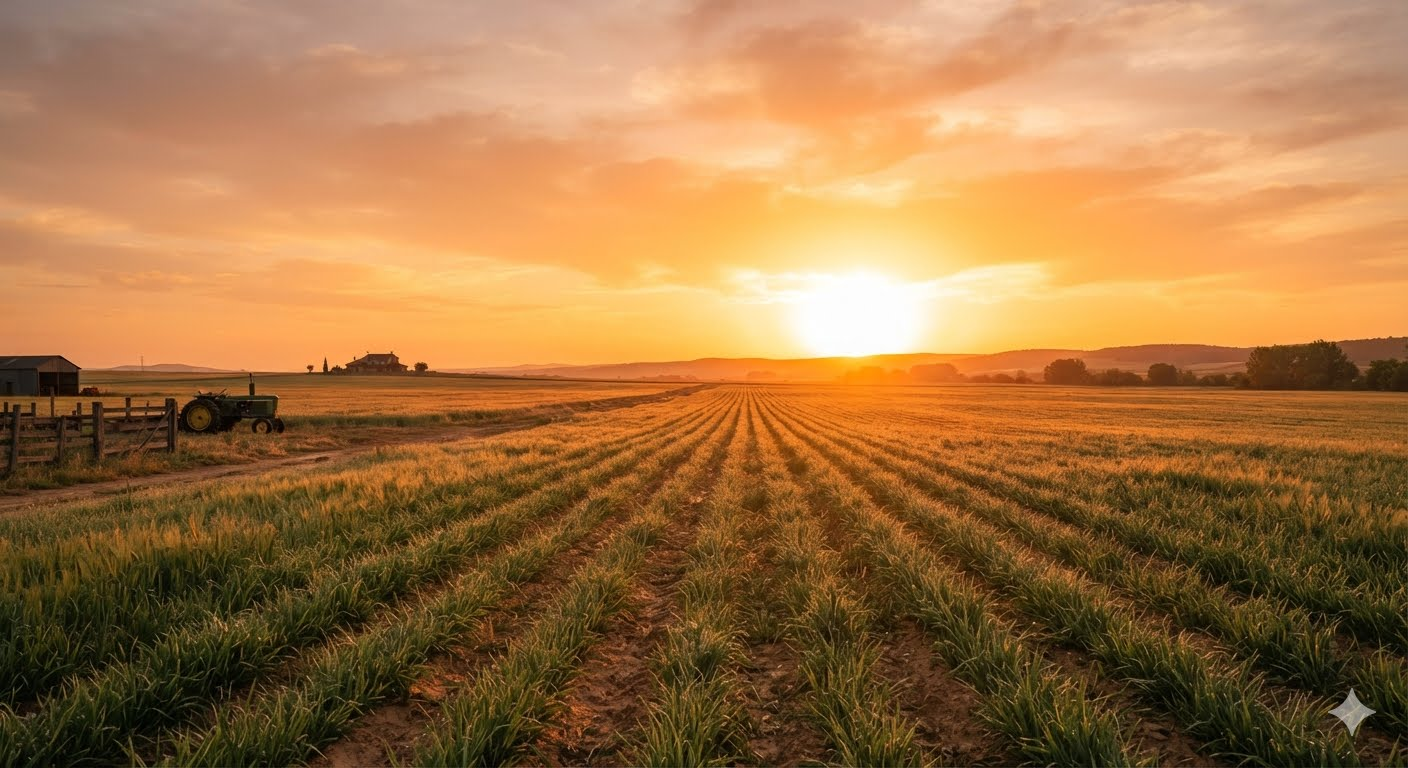 Amanecer sobre el campo, con tractor junto al sembrío